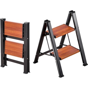 VEVOR 3 Step Ladder, Folding Step Stool with Wide Anti-Slip Pedal and Comfort Handgrip, Lightweight 330 lbs Capacity Portable Aluminum Plant Support, Multi-Use for Adults, Home Repairing, Cleaning(Black Frame Tubes + Wood Steps)