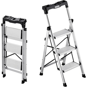 VEVOR 5 Step Ladder, Folding Step Stool with Wide Anti-Slip Pedal and Comfort Handgrip, 330 lbs Capacity Portable Aluminum Stepladder, Multi-Use for Kitchen, Warehouse, Household and Office, Silver(3-Step)