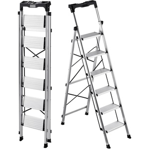 VEVOR 5 Step Ladder, Folding Step Stool with Wide Anti-Slip Pedal and Comfort Handgrip, 330 lbs Capacity Portable Aluminum Stepladder, Multi-Use for Kitchen, Warehouse, Household and Office, Silver(6-Step)