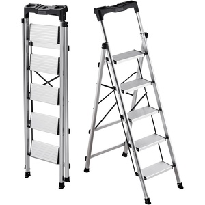 VEVOR 5 Step Ladder, Folding Step Stool with Wide Anti-Slip Pedal and Comfort Handgrip, 330 lbs Capacity Portable Aluminum Stepladder, Multi-Use for Kitchen, Warehouse, Household and Office, Silver(5-Step)