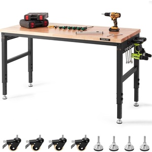 VEVOR 60-Inch Adjustable Workbench, 2000 lbs Load, Work Bench with Power Outlet, Wheels, and Pegboard, Heavy Duty Oak Wood Top Work Table for Garage, Workshop, Office, and Home