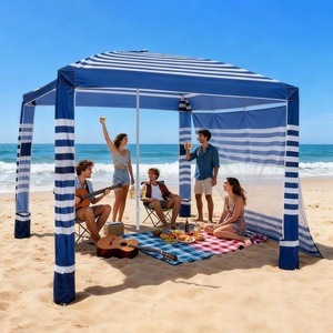 VEVOR Beach Cabana, 8 x 8 ft Beach Canopy with Side Wall, UPF 50+ Protection Easy Setup Cabana Tent with Sand Pockets, Adjustable Height Portable Shade Sun Shelter Umbrella for Family & Friends, Green(Navy Stripes)