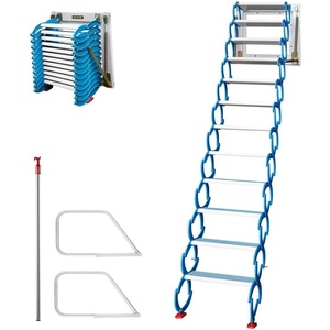 VEVOR Blue Pulldown Attic Stairs, 12-Step Alloy Access Ladder with Armrests, Wall-Mounted Folding Stairs, 9.8 ft Height