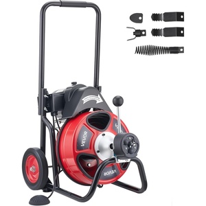 VEVOR Drain Cleaner Machine 100 FT x 1/2 Inch, Auto Feed Sewer Snake Auger on Wheels, Portable Drain Cleaning Machine with 4 Cutters & Air-activated Foot Switch for 2″ to 6″ Pipes(50 FT x 3/8”)