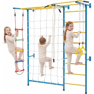 VEVOR Indoor Jungle Gym for Toddlers, 7-in-1 Climbing Playset with Carbon Steel Swedish Ladder, Wall Ladder, Pull-Up Bar, Rope Ladder, and Gymnastic Rings, Supports 220 lbs, Multicolor(7-in-1)