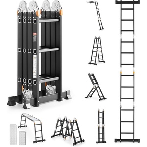 VEVOR Multi-Purpose Folding Ladder, 7-in-1 Tall Extension Step Ladder, A Frame 3 Step with Scaffolding Plank Telescoping Ladder, 12ft Reach Height Heavy Duty Ladder, 330 lbs Capacity for Home Outdoor(Black)