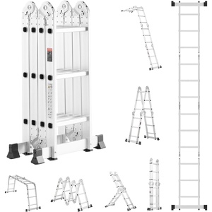 VEVOR Multi-Purpose Folding Ladder, 7-in-1 Tall Extension Step Ladder, A Frame 3 Step with Scaffolding Plank Telescoping Ladder, 12ft Reach Height Heavy Duty Ladder, 330 lbs Capacity for Home Outdoor(Silver)