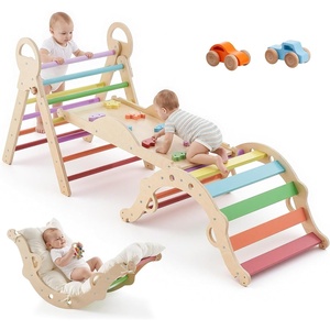 VEVOR Pikler Triangle Set, 9-in-1 Toddler Climbing Toys Indoor, with 2 Wooden Cars, Cushion, Triangle, Arch, and Ramp, 150 lbs Load, Foldable Montessori Climbing Set for Toddlers and Kids, Wood Color(Multicolor)