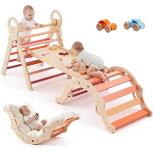 VEVOR Pikler Triangle Set, 9-in-1 Toddler Climbing Toys Indoor, with 2 Wooden Cars, Cushion, Triangle, Arch, and Ramp, 150 lbs Load, Foldable Montessori Climbing Set for Toddlers and Kids, Wood Color(Orange)