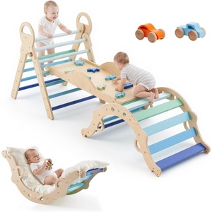VEVOR Pikler Triangle Set, 9-in-1 Toddler Climbing Toys Indoor, with 2 Wooden Cars, Cushion, Triangle, Arch, and Ramp, 150 lbs Load, Foldable Montessori Climbing Set for Toddlers and Kids, Wood Color(Blue)