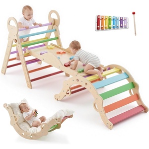 VEVOR Pikler Triangle Set, 9-in-1 Toddler Climbing Toys Indoor, with Xylophone, Cushion, Triangle, Arch, and Ramp, 150 lbs Load, Foldable Montessori Climbing Set for Toddlers and Kids, Rainbow