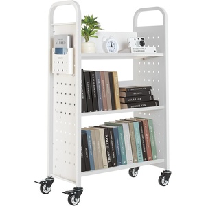 VEVOR Rolling Library Book Cart, 330 lbs Capacity, 30.3 x 15 x 48.0-Inch Library Cart, Single Sided V-Shaped Shelves with 3-Inch Lockable Wheels, Book Truck for Home Shelves Office and School, White(White)