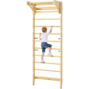 VEVOR Swedish Ladder Wall Gym, 8-in-1 12-Level Solid Wood Gymnastic Stall Bars for Kids Adults, 220LBS Indoor Jungle Gym Playset with Climbing Board, Gym Rings, Pull-Up Bar, Wall Ladder, Slide, Swing(10-Level 2-in-1)