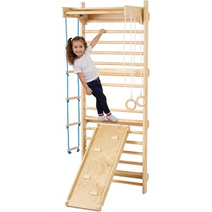 VEVOR Swedish Ladder Wall Gym, 8-in-1 12-Level Solid Wood Gymnastic Stall Bars for Kids Adults, 220LBS Indoor Jungle Gym Playset with Climbing Board, Gym Rings, Pull-Up Bar, Wall Ladder, Slide, Swing(15-Level 5 in 1)