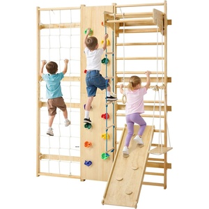 VEVOR Swedish Ladder Wall Gym, 8-in-1 12-Level Solid Wood Gymnastic Stall Bars for Kids Adults, 220LBS Indoor Jungle Gym Playset with Climbing Board, Gym Rings, Pull-Up Bar, Wall Ladder, Slide, Swing(12-Level 9-in-1)
