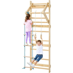 VEVOR Swedish Ladder Wall Gym, 8-in-1 12-Level Solid Wood Gymnastic Stall Bars for Kids Adults, 220LBS Indoor Jungle Gym Playset with Climbing Board, Gym Rings, Pull-Up Bar, Wall Ladder, Slide, Swing(8-Level 4 in 1)