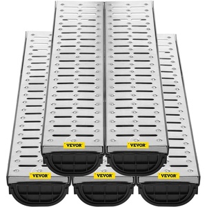 VEVOR Trench Drain System 4 Pack, Channel Drain with Plastic Grate 5.9 x 7.5 in HDPE Drainage Trench, Black Plastic Garage Floor Waterway 4 x 39 in with 4 End Caps for Garden Driveway(Silver)