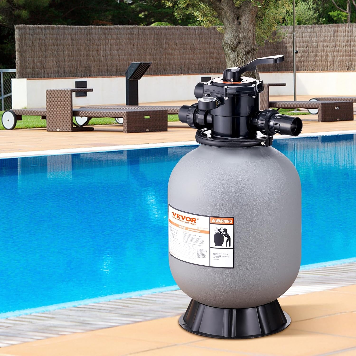 image:imageVEVOR 25033BX 19inch Up to 45 GPM Flow Rate Above Inground Swimming Pool Sand System with 7Way MultiPort Valve Filter Backwash Rinse Recirculate Waste Winter Closed Functions Gray16 inch