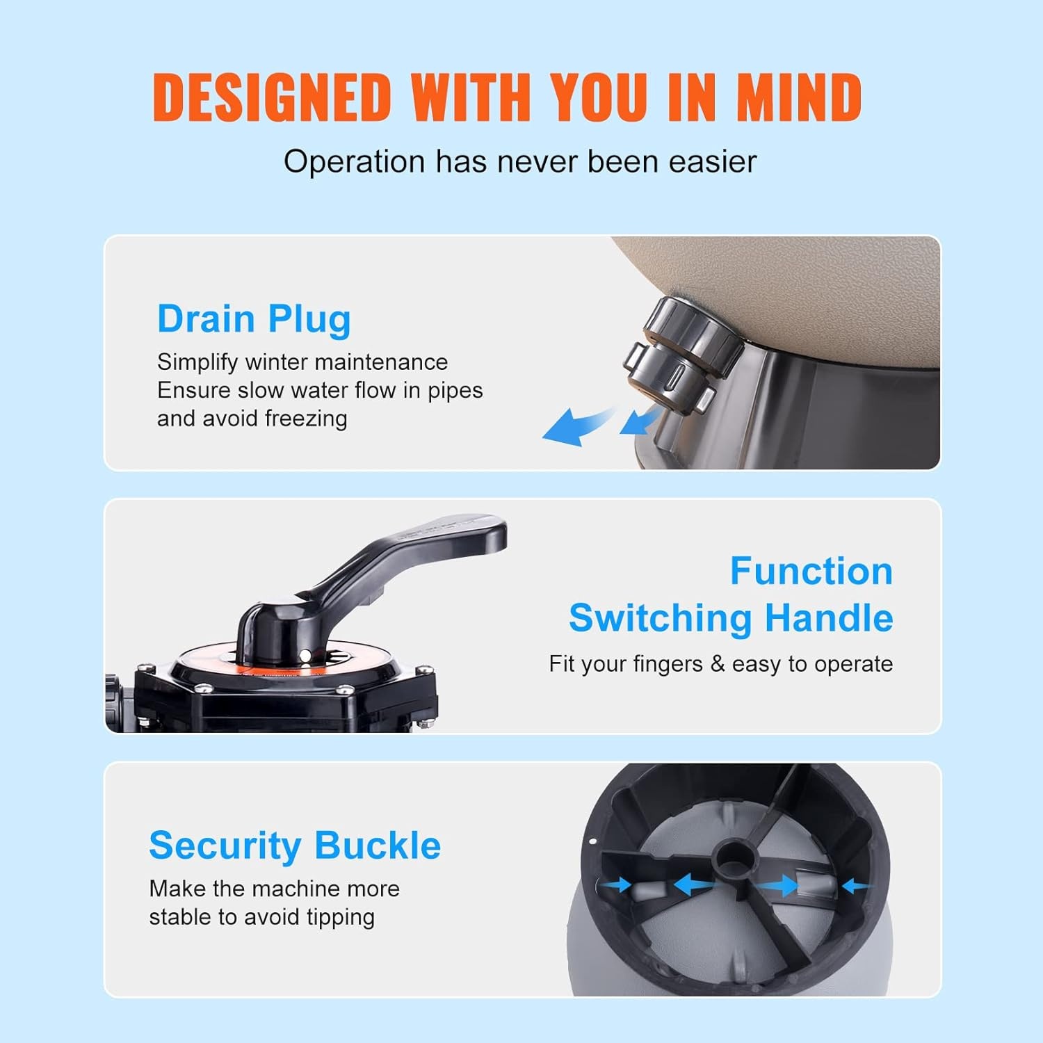 image:imageVEVOR 25033BX 19inch Up to 45 GPM Flow Rate Above Inground Swimming Pool Sand System with 7Way MultiPort Valve Filter Backwash Rinse Recirculate Waste Winter Closed Functions Gray16 inch