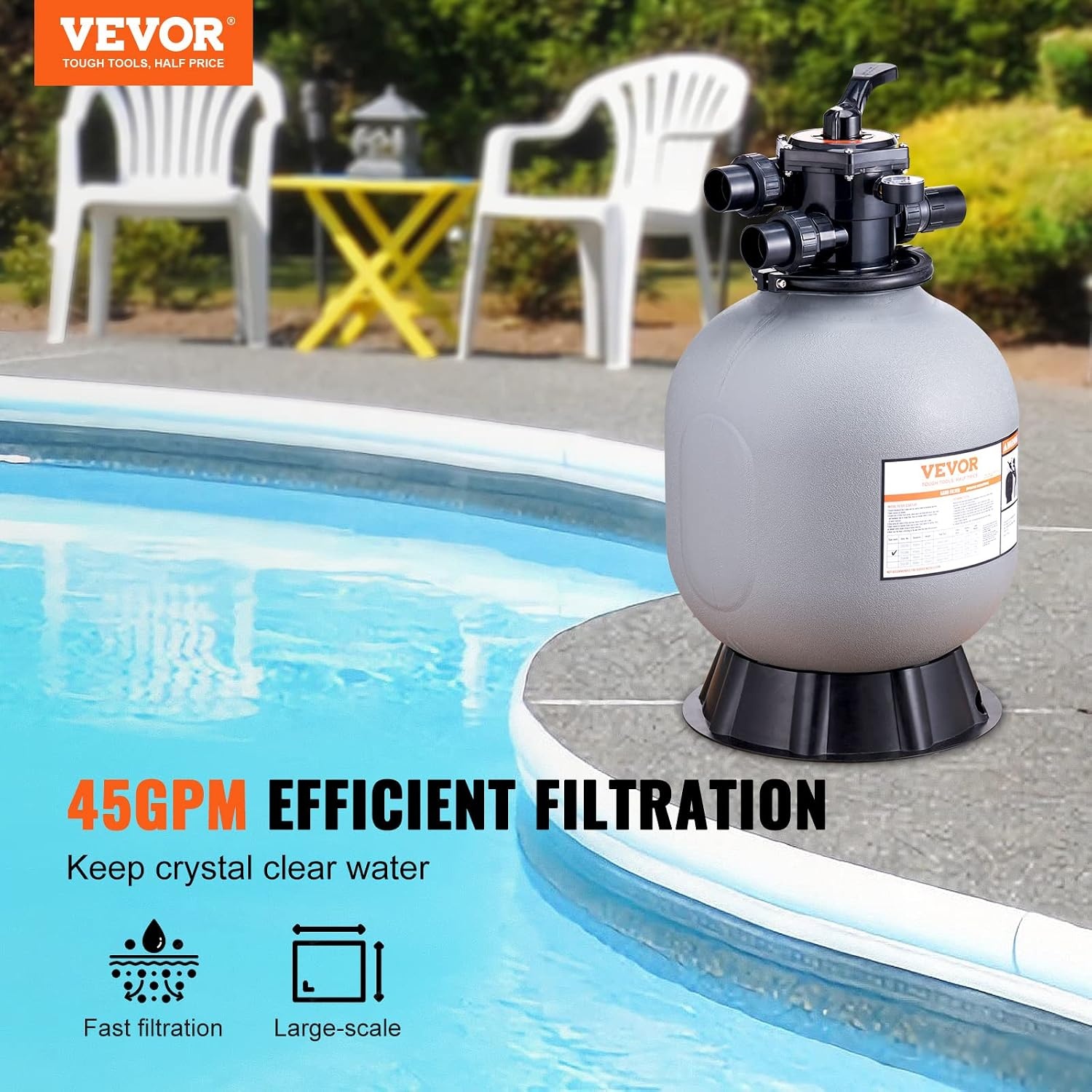 image:imageVEVOR 25033BX 19inch Up to 45 GPM Flow Rate Above Inground Swimming Pool Sand System with 7Way MultiPort Valve Filter Backwash Rinse Recirculate Waste Winter Closed Functions Gray19 inch
