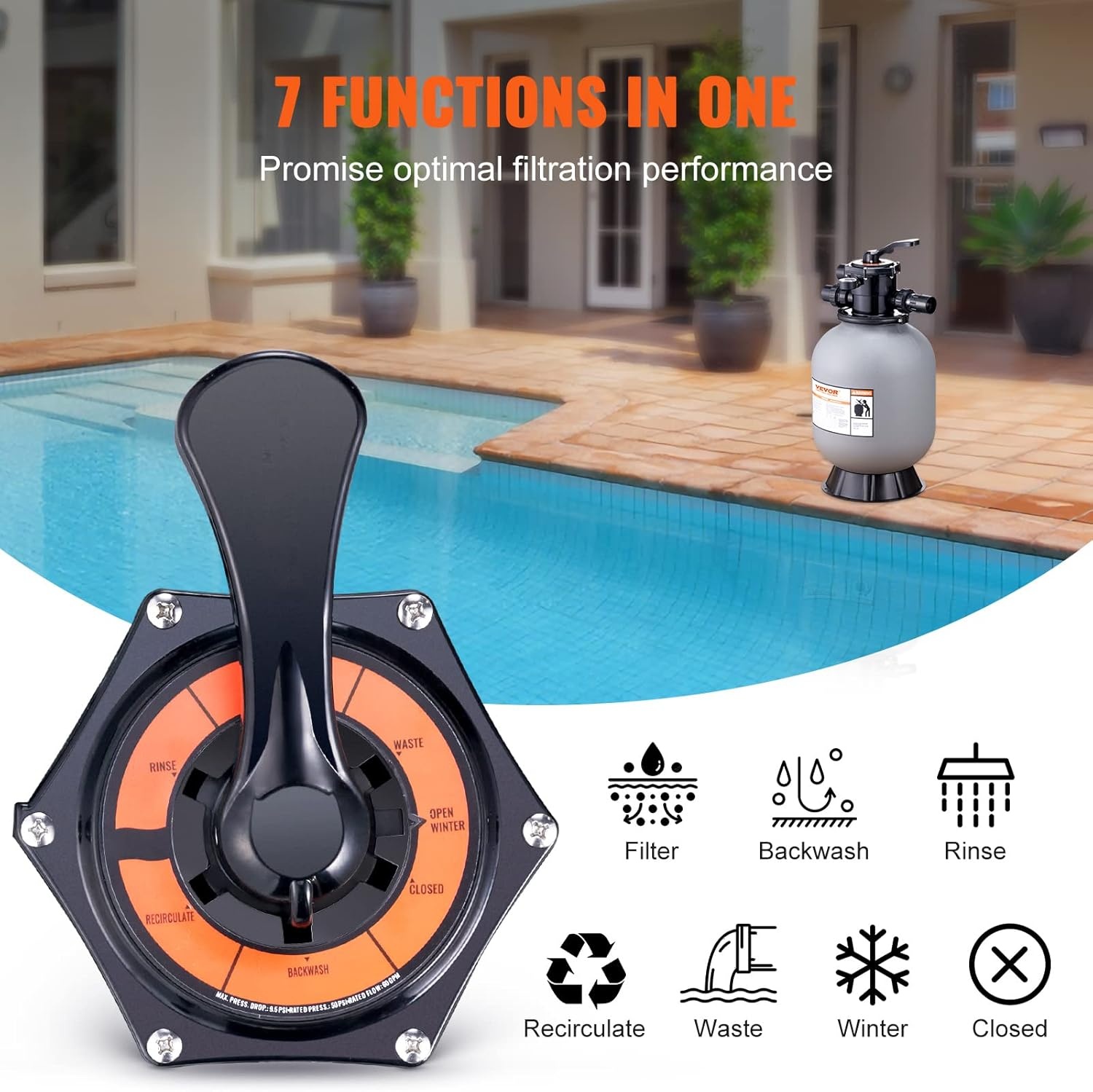 image:imageVEVOR 25033BX 19inch Up to 45 GPM Flow Rate Above Inground Swimming Pool Sand System with 7Way MultiPort Valve Filter Backwash Rinse Recirculate Waste Winter Closed Functions Gray16 inch