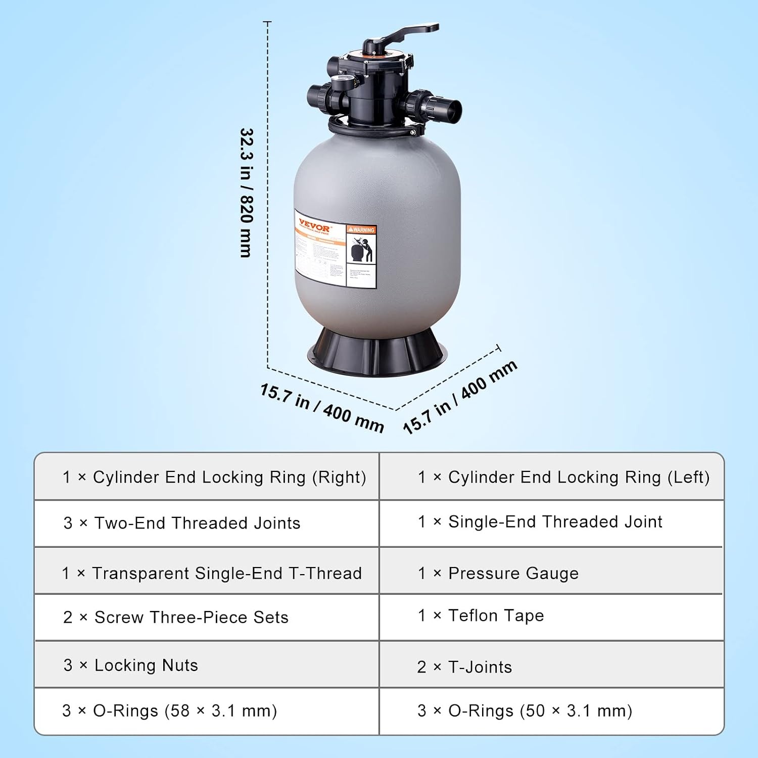 image:imageVEVOR 25033BX 19inch Up to 45 GPM Flow Rate Above Inground Swimming Pool Sand System with 7Way MultiPort Valve Filter Backwash Rinse Recirculate Waste Winter Closed Functions Gray16 inch