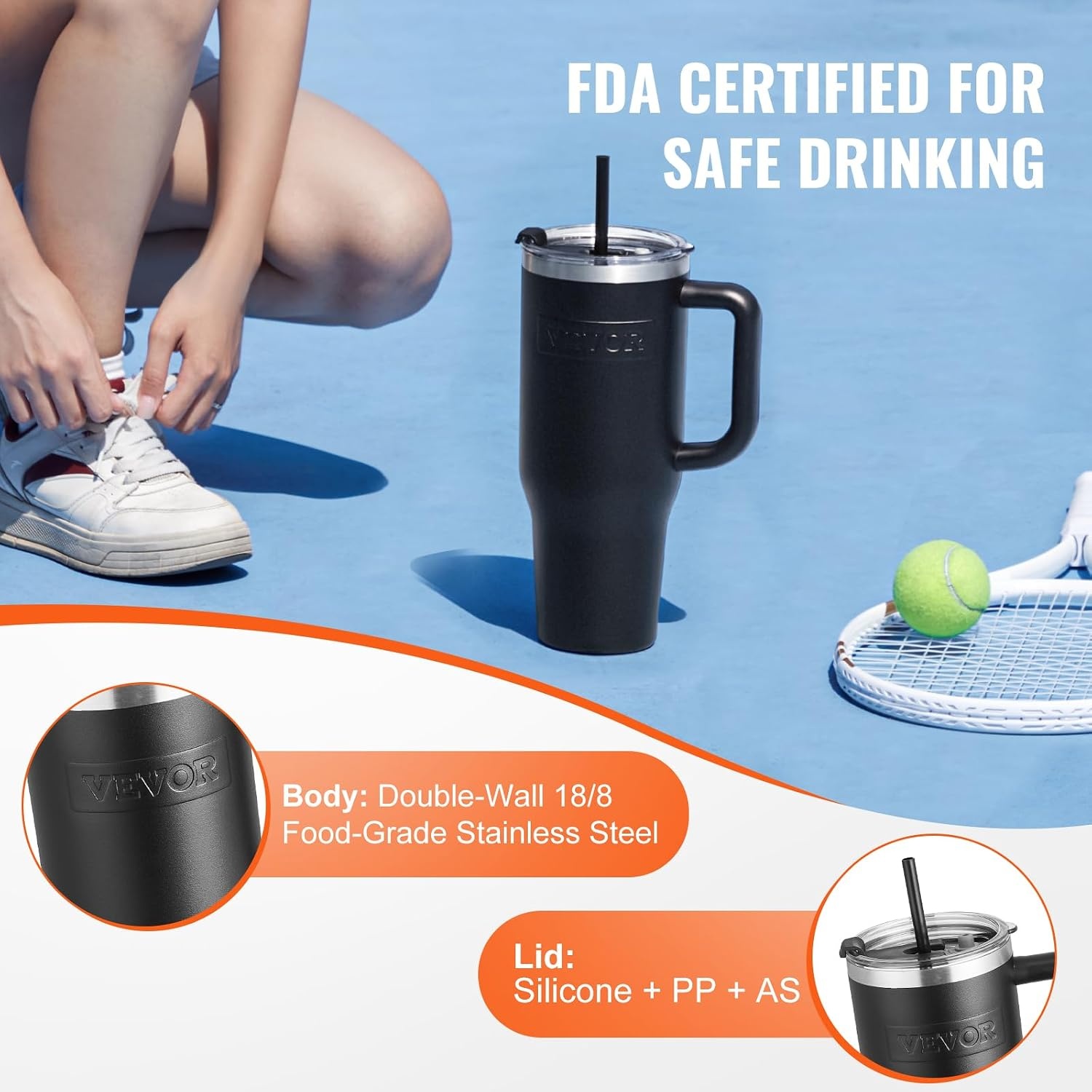 image:imageVEVOR 40 oz Insulated Water Bottle Stainless Steel Sports Coffee Cup with Lid Handheld Travel Coffee Mug Double Walled Camping Hydration Flask Leakproof for IndoorOutdoor School Work BlueBlack