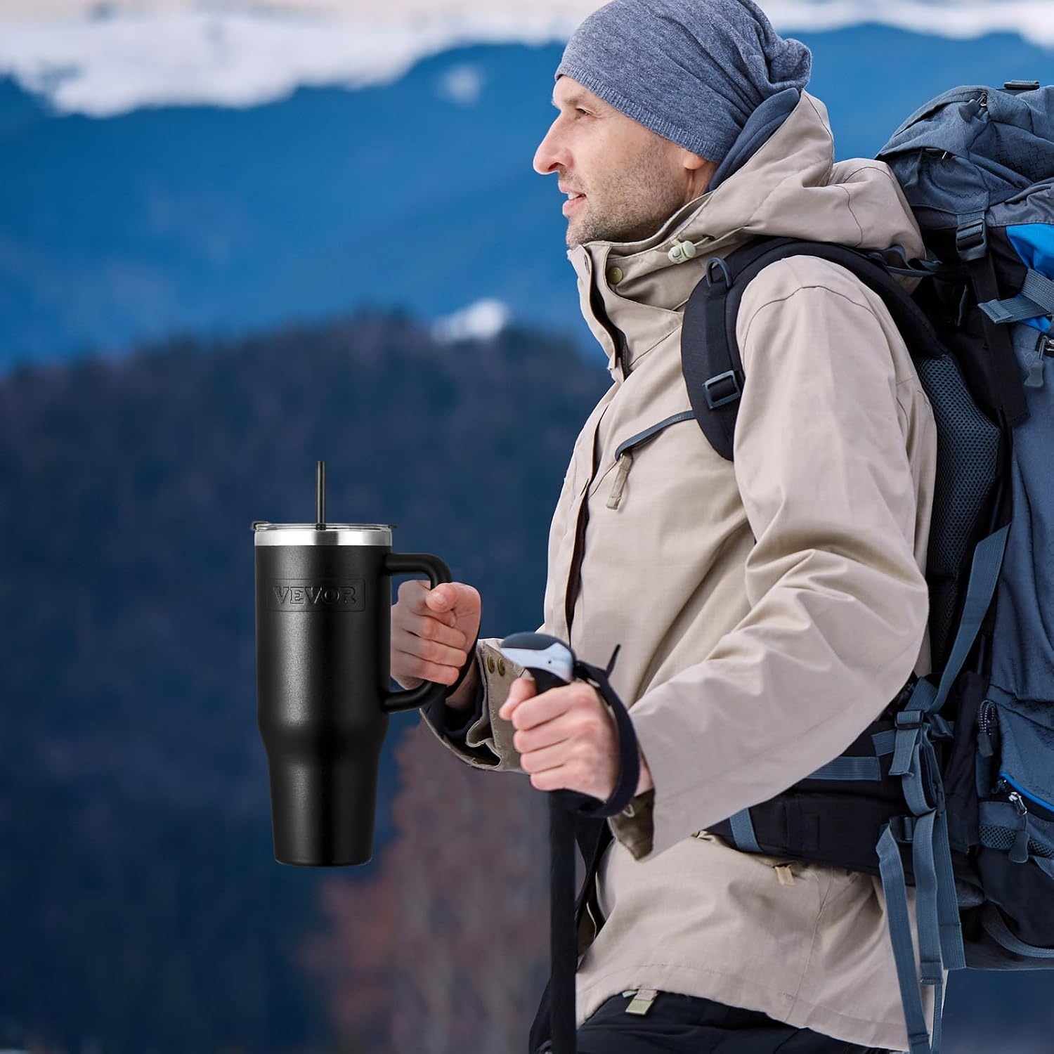 image:imageVEVOR 40 oz Insulated Water Bottle Stainless Steel Sports Coffee Cup with Lid Handheld Travel Coffee Mug Double Walled Camping Hydration Flask Leakproof for IndoorOutdoor School Work BlueBlack
