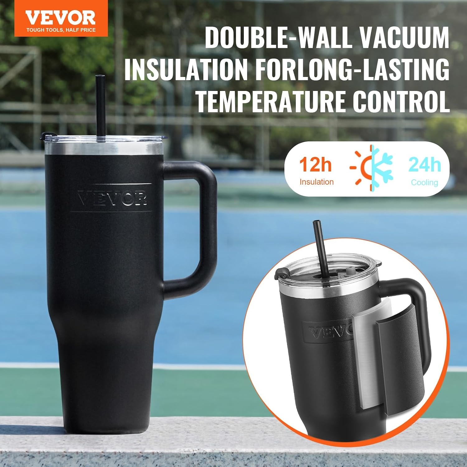 image:imageVEVOR 40 oz Insulated Water Bottle Stainless Steel Sports Coffee Cup with Lid Handheld Travel Coffee Mug Double Walled Camping Hydration Flask Leakproof for IndoorOutdoor School Work BlueBlack