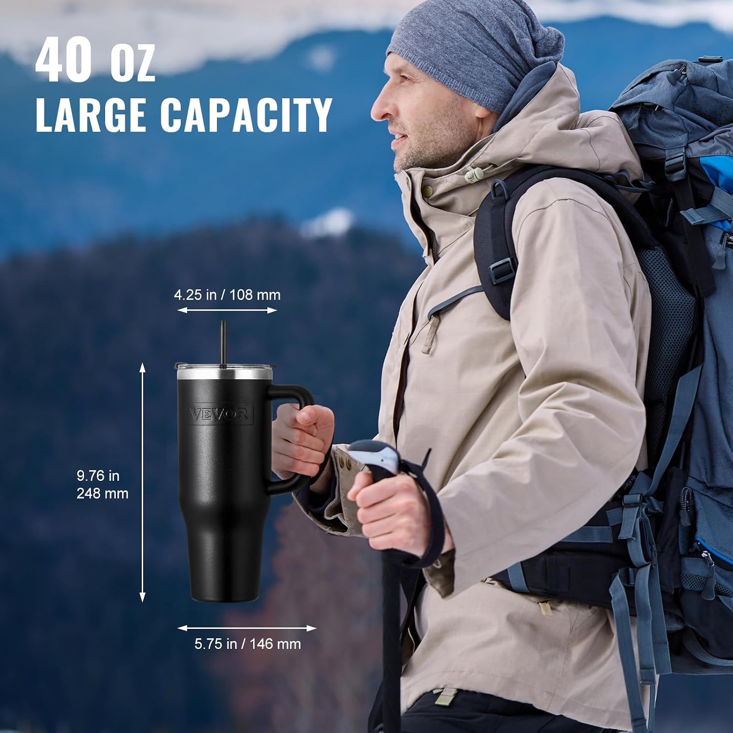 image:imageVEVOR 40 oz Insulated Water Bottle Stainless Steel Sports Coffee Cup with Lid Handheld Travel Coffee Mug Double Walled Camping Hydration Flask Leakproof for IndoorOutdoor School Work BlueBlack