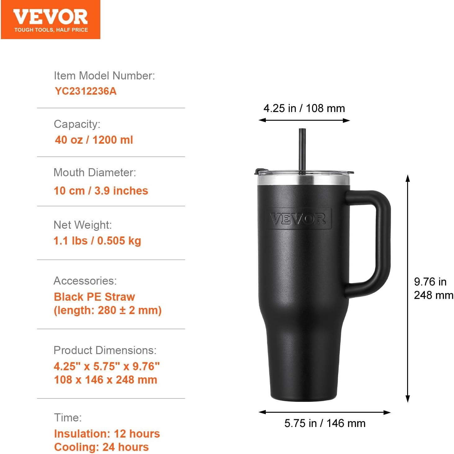 image:imageVEVOR 40 oz Insulated Water Bottle Stainless Steel Sports Coffee Cup with Lid Handheld Travel Coffee Mug Double Walled Camping Hydration Flask Leakproof for IndoorOutdoor School Work BlueBlack