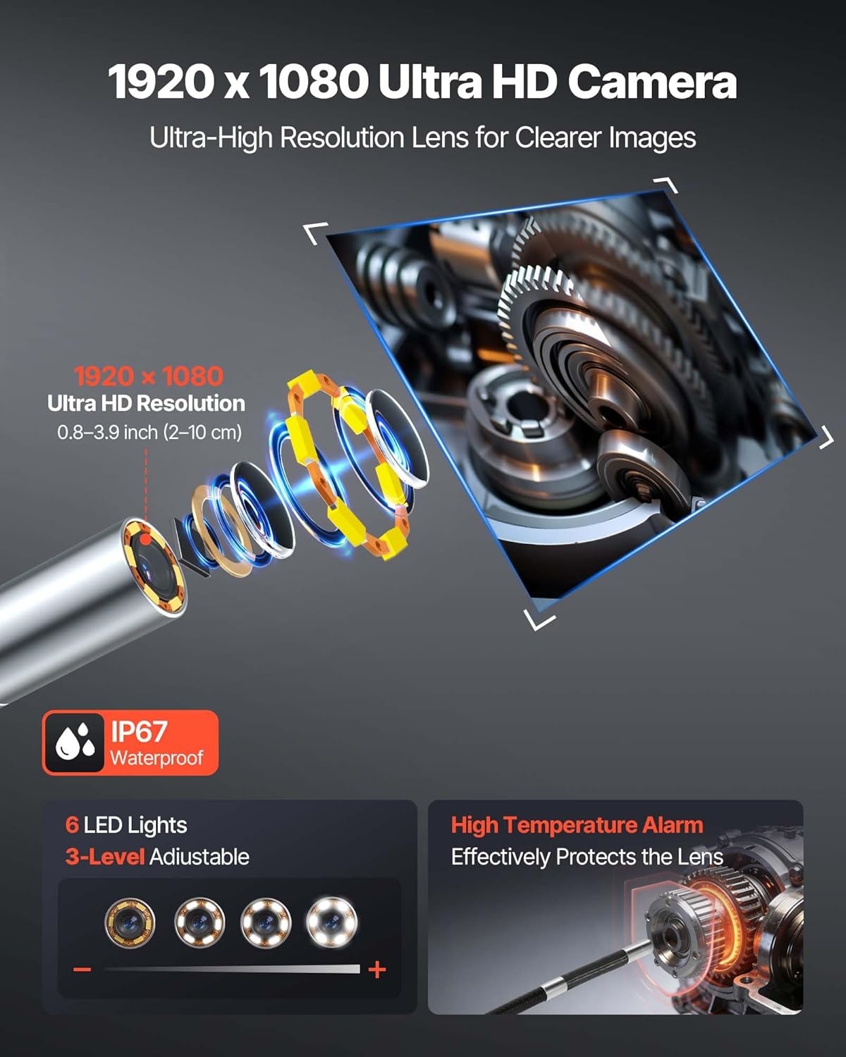 image:imageVEVOR 4Way Articulating Borescope with Light True 1080P HD Industrial Endoscope Inspection Camera with Articulated Probe Flexible Snake Scope Cam for Wall Automotive Engine Inspect49FT032inch Probe