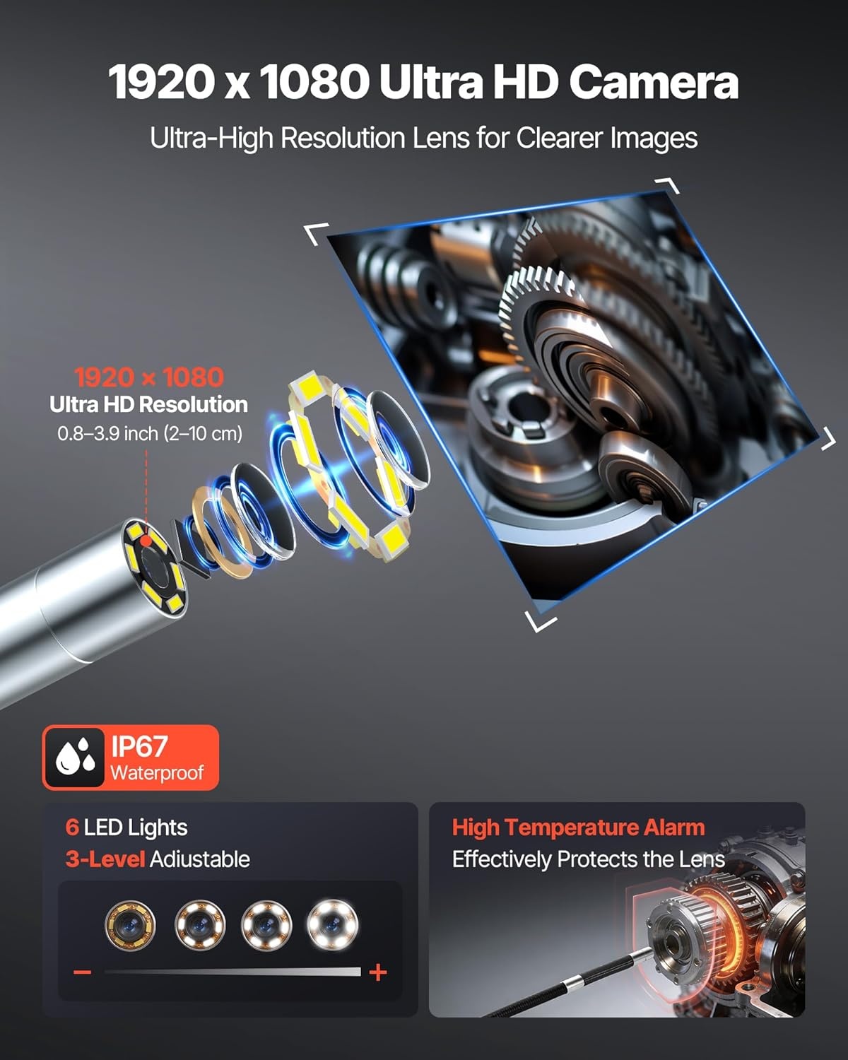 image:imageVEVOR 4Way Articulating Borescope with Light True 1080P HD Industrial Endoscope Inspection Camera with Articulated Probe Flexible Snake Scope Cam for Wall Automotive Engine Inspect49FT024inch Probe