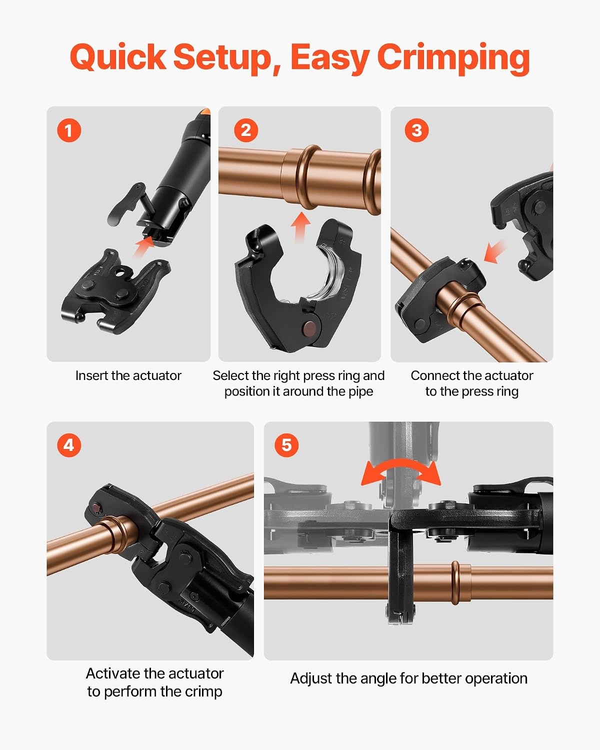 image:imageVEVOR 5PCS ProPress Pressing Kit for Compact Series Press Tools 4PCS Press Rings 12 34 1 114 amp R8 Actuator for ProPress Copper Pipes Compatible with 24KN Press Tools for 180 Operation