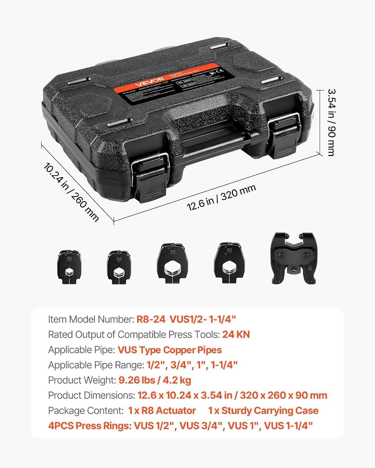 image:imageVEVOR 5PCS ProPress Pressing Kit for Compact Series Press Tools 4PCS Press Rings 12 34 1 114 amp R8 Actuator for ProPress Copper Pipes Compatible with 24KN Press Tools for 180 Operation