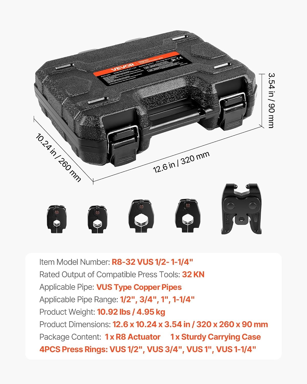 image:imageVEVOR 7PCS Pressing Jaws 14 to 118 Compatible with RLS Copper Pipes Work with 32KN Standard Press Tools for High Pressure HVACR Applications with Case32KNPress 12341114inch