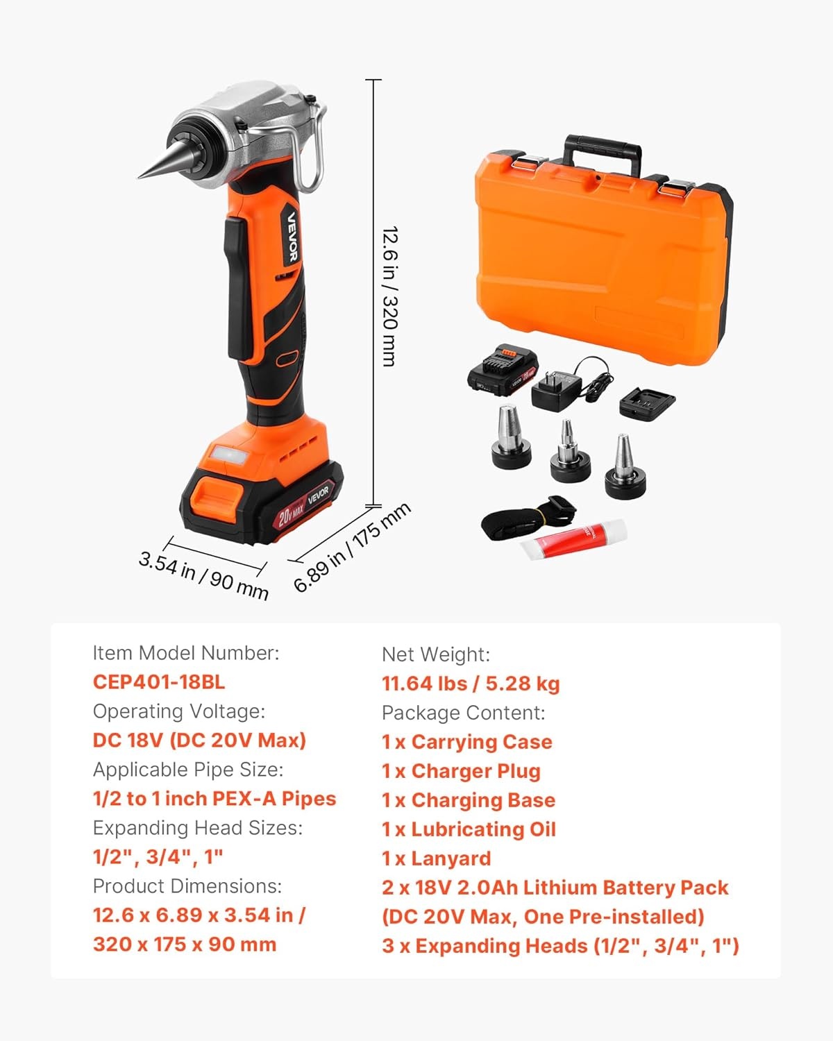 image:imageVEVOR Cordless Tube Expander 20V Max Electric Tubing Expansion Tool for 12 34 1 PEXA Pipes 22000RPM Pipe Expander with 3 Expanding Head 2pcs 2AH Battery Fast Charger amp Carrying Case 22000RPM Electric Tubing Expansion Tool with 3 Expanding Head 2pcs 2AH Battery Fast Charger amp Carrying Case