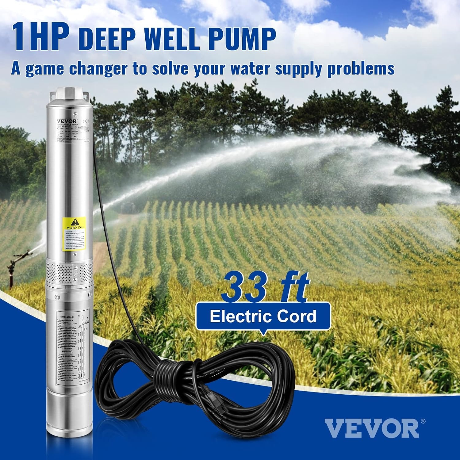 image:imageVEVOR Deep Well Submersible Pump 2HP 230V60Hz 37GPM 427 ft Head with 33 ft Cord amp External Control Box 4 inch Stainless Steel Water Pumps for Industrial Irrigation and Home Use IP68 Waterproof1HP115V