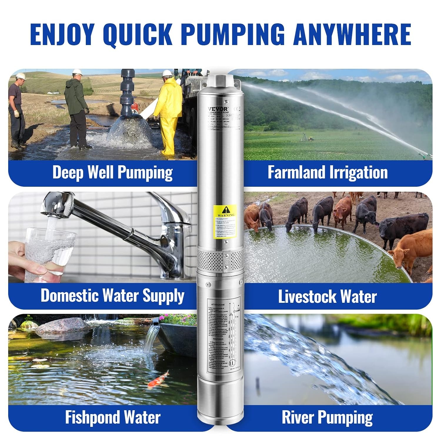 image:imageVEVOR Deep Well Submersible Pump 2HP 230V60Hz 37GPM 427 ft Head with 33 ft Cord amp External Control Box 4 inch Stainless Steel Water Pumps for Industrial Irrigation and Home Use IP68 Waterproof1HP115V