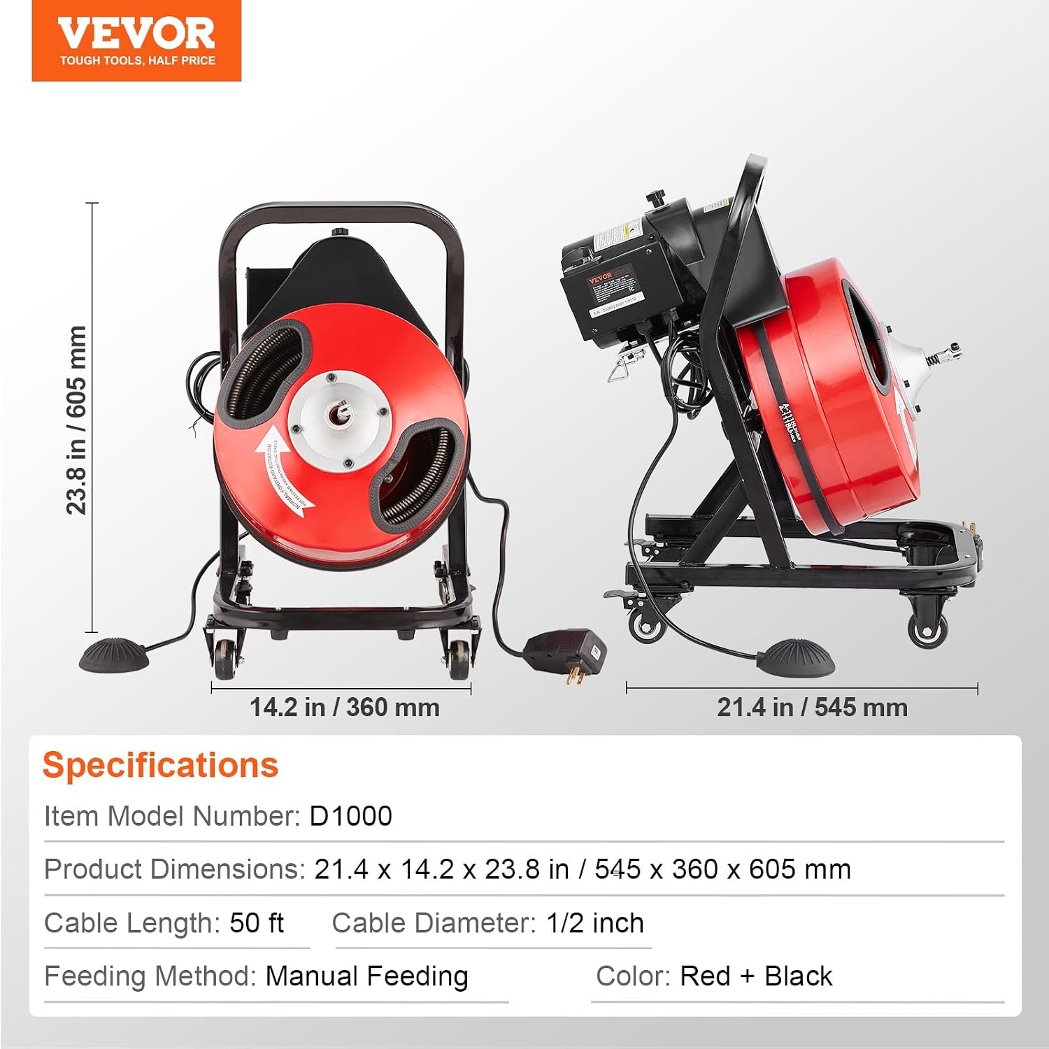 image:imageVEVOR Drain Cleaner Machine 100 FT x 12 Inch Auto Feed Sewer Snake Auger Portable Drain Cleaning Machine with Climbing Wheels Adjustable Drum 8 Cutters amp Foot Switch for 2 to 6 Pipes50 FT x 12 Manual Feed
