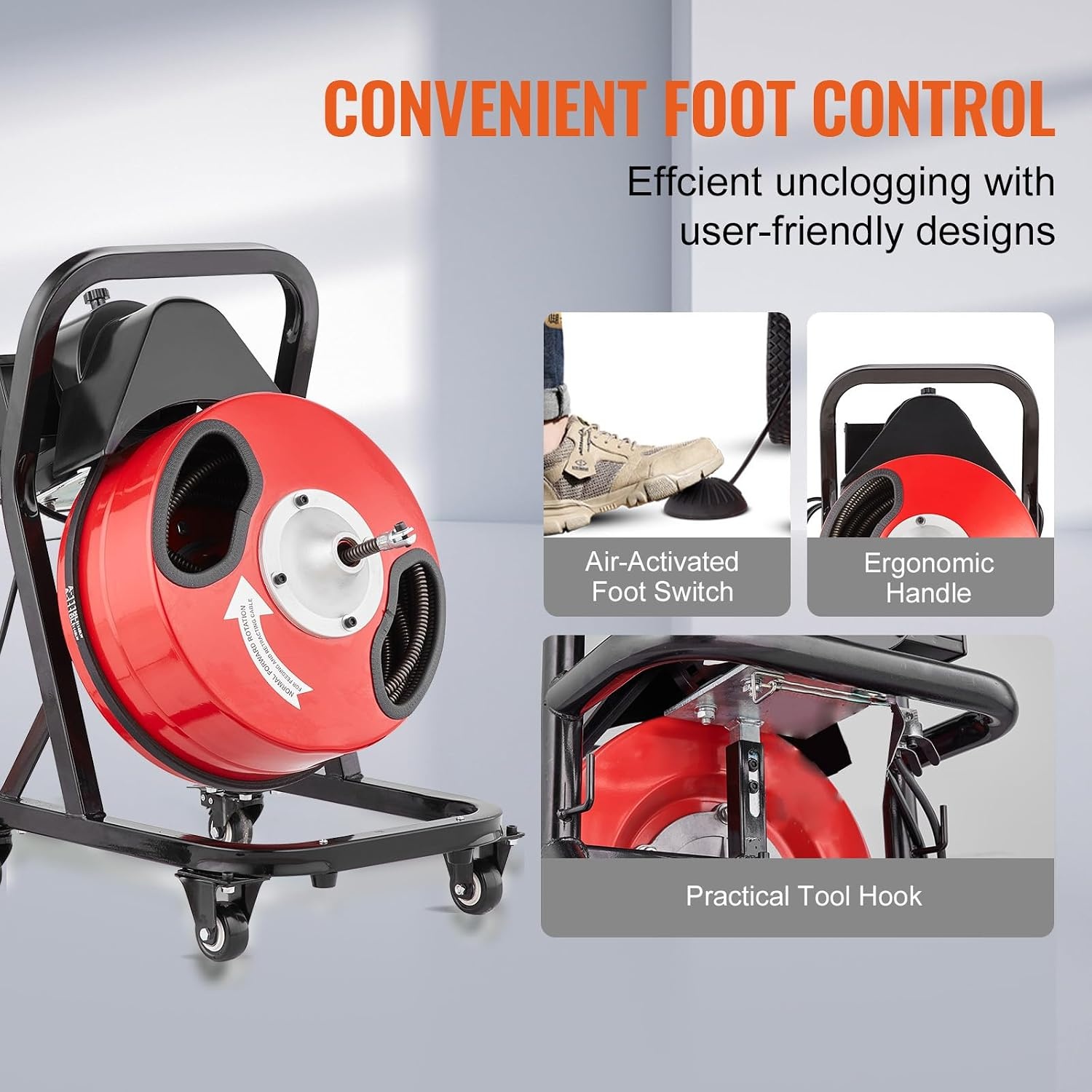 image:imageVEVOR Drain Cleaner Machine 100 FT x 12 Inch Auto Feed Sewer Snake Auger Portable Drain Cleaning Machine with Climbing Wheels Adjustable Drum 8 Cutters amp Foot Switch for 2 to 6 Pipes50 FT x 12 Manual Feed