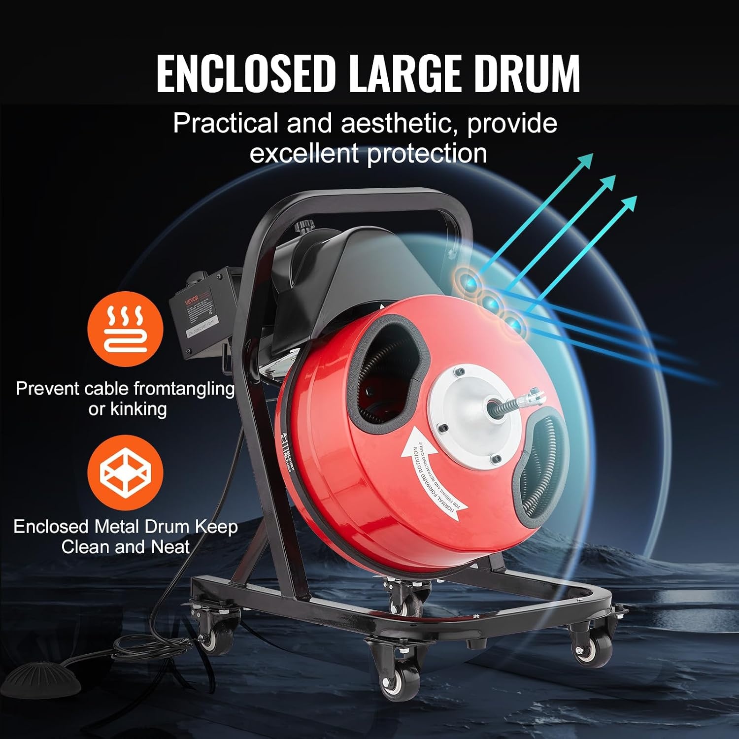 image:imageVEVOR Drain Cleaner Machine 100 FT x 12 Inch Auto Feed Sewer Snake Auger Portable Drain Cleaning Machine with Climbing Wheels Adjustable Drum 8 Cutters amp Foot Switch for 2 to 6 Pipes50 FT x 12 Manual Feed