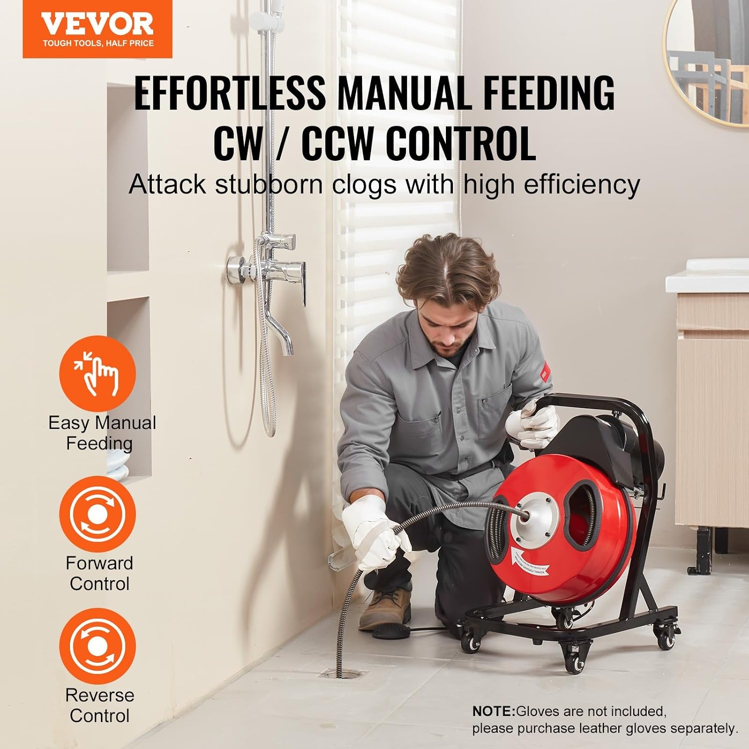 image:imageVEVOR Drain Cleaner Machine 100 FT x 12 Inch Auto Feed Sewer Snake Auger Portable Drain Cleaning Machine with Climbing Wheels Adjustable Drum 8 Cutters amp Foot Switch for 2 to 6 Pipes50 FT x 12 Manual Feed