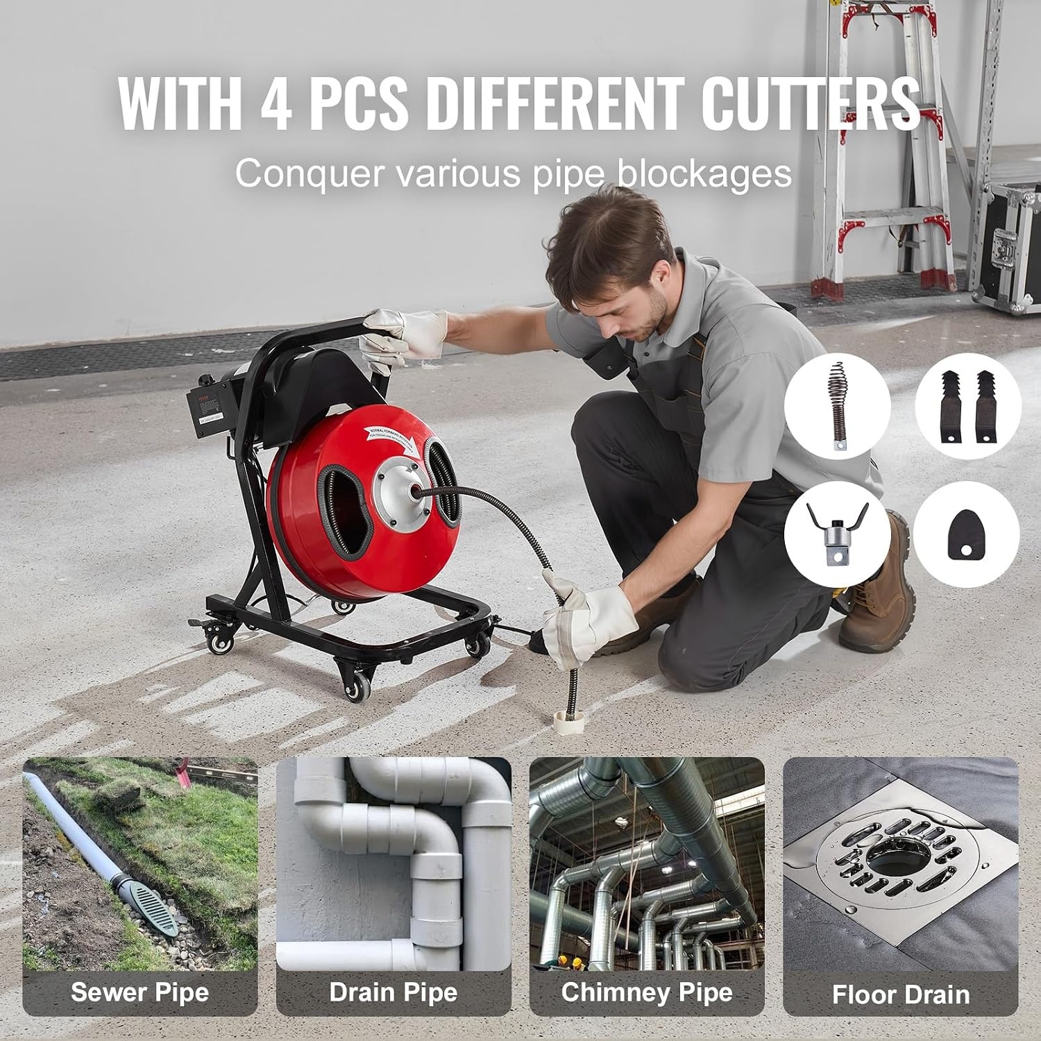 image:imageVEVOR Drain Cleaner Machine 100 FT x 12 Inch Auto Feed Sewer Snake Auger Portable Drain Cleaning Machine with Climbing Wheels Adjustable Drum 8 Cutters amp Foot Switch for 2 to 6 Pipes50 FT x 12 Manual Feed