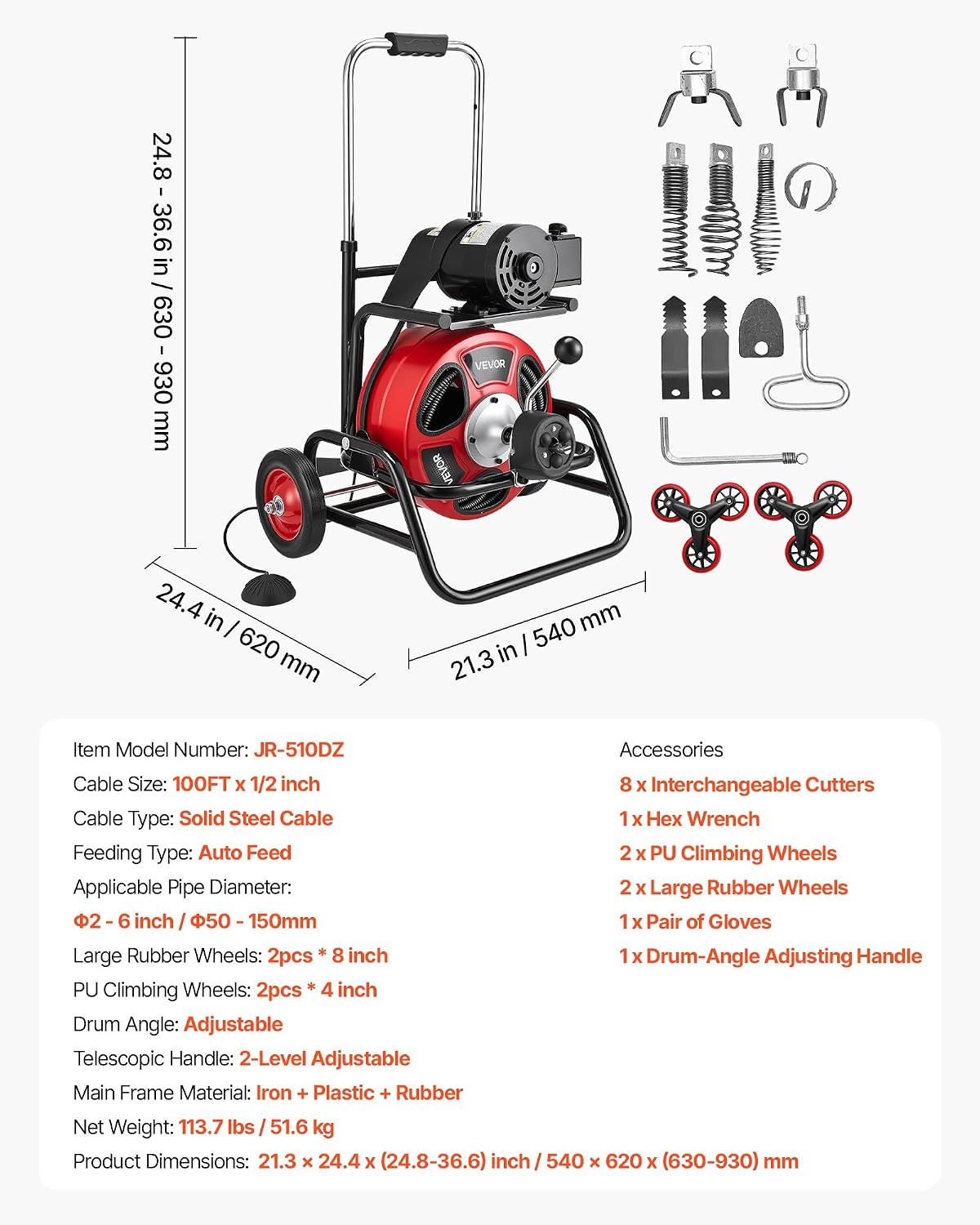 image:imageVEVOR Drain Cleaner Machine 100 FT x 12 Inch Auto Feed Sewer Snake Auger Portable Drain Cleaning Machine with Climbing Wheels Adjustable Drum 8 Cutters amp Foot Switch for 2 to 6 Pipes100 FT x 12