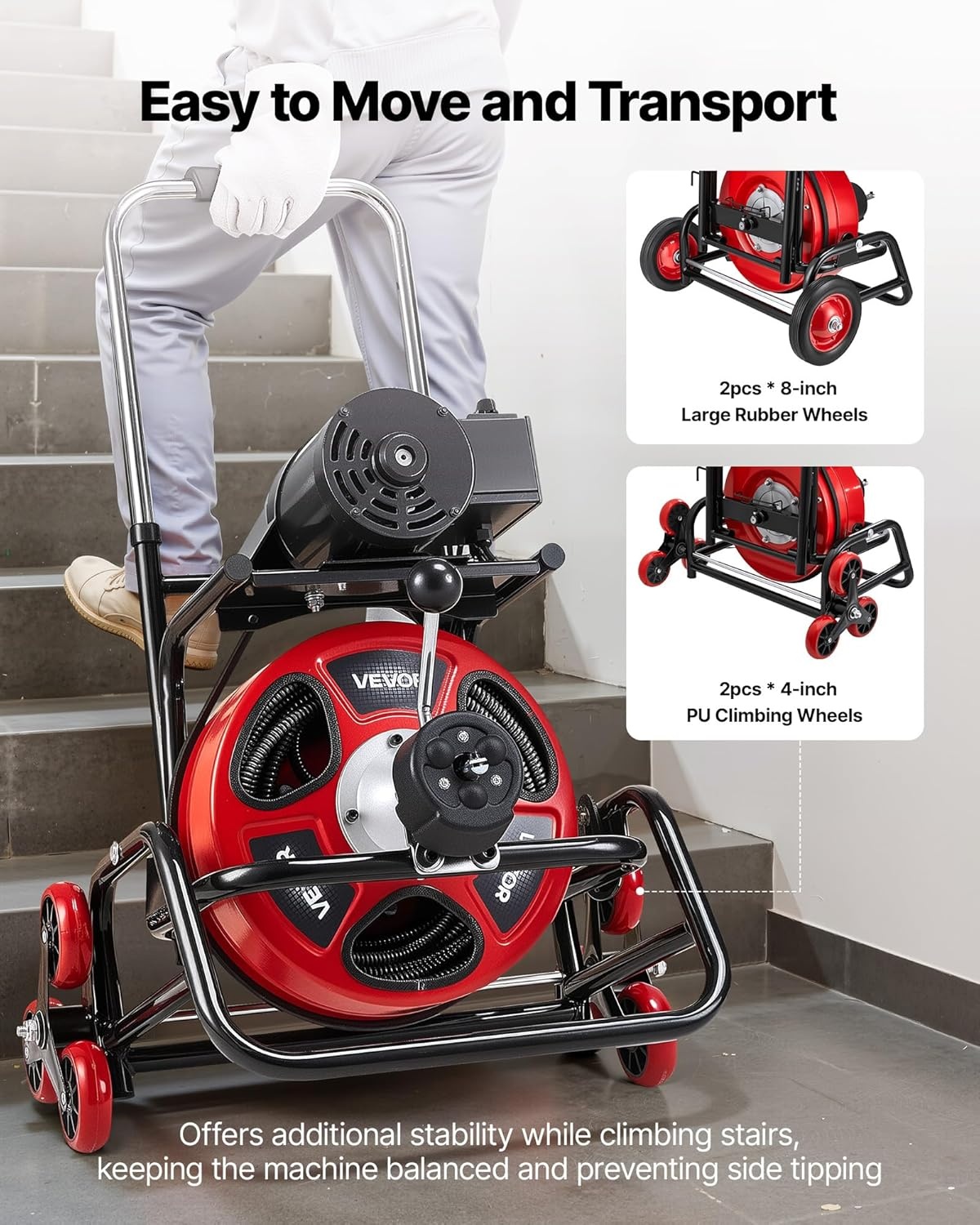 image:imageVEVOR Drain Cleaner Machine 100 FT x 12 Inch Auto Feed Sewer Snake Auger Portable Drain Cleaning Machine with Climbing Wheels Adjustable Drum 8 Cutters amp Foot Switch for 2 to 6 Pipes100 FT x 12