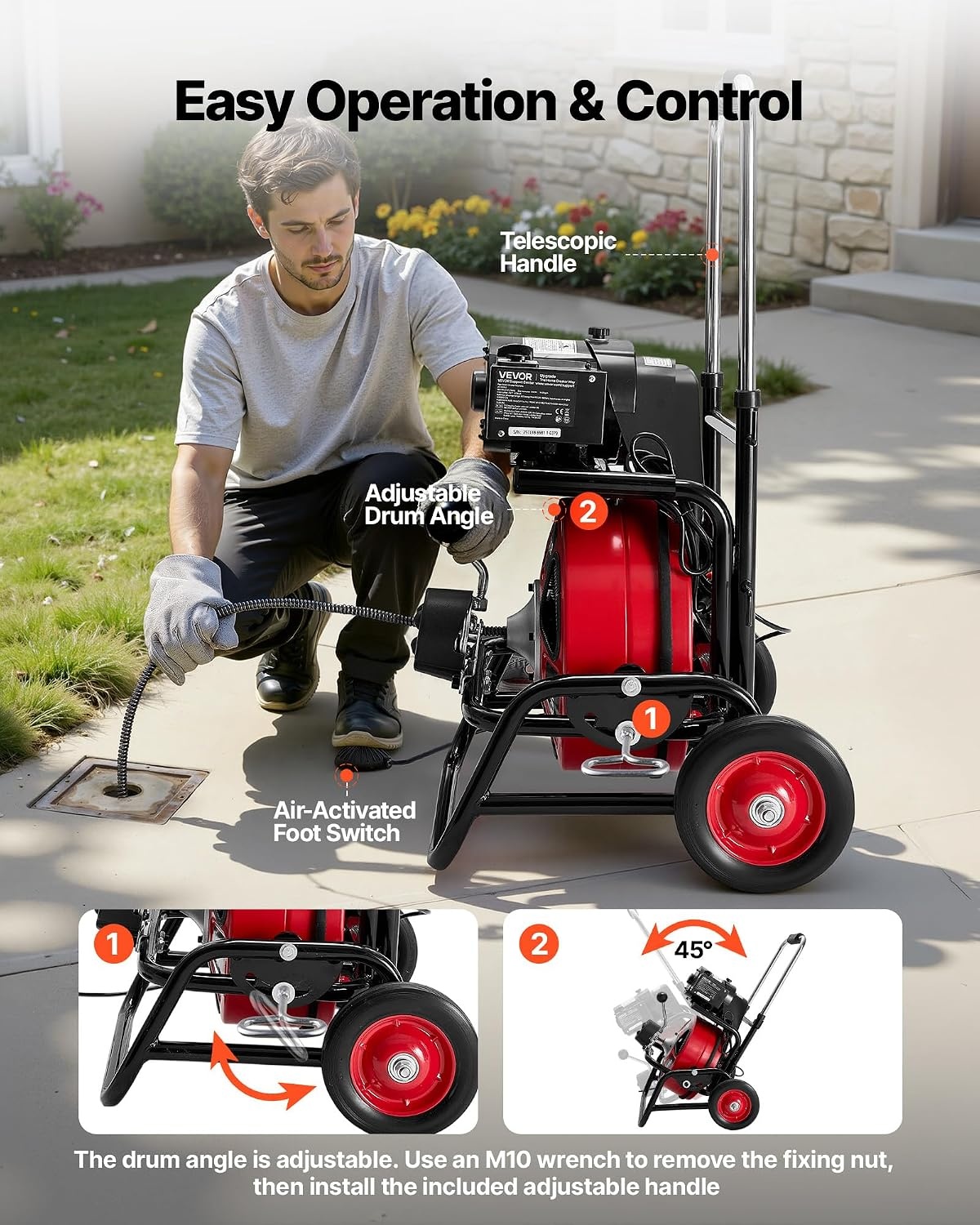 image:imageVEVOR Drain Cleaner Machine 100 FT x 12 Inch Auto Feed Sewer Snake Auger Portable Drain Cleaning Machine with Climbing Wheels Adjustable Drum 8 Cutters amp Foot Switch for 2 to 6 Pipes100 FT x 12