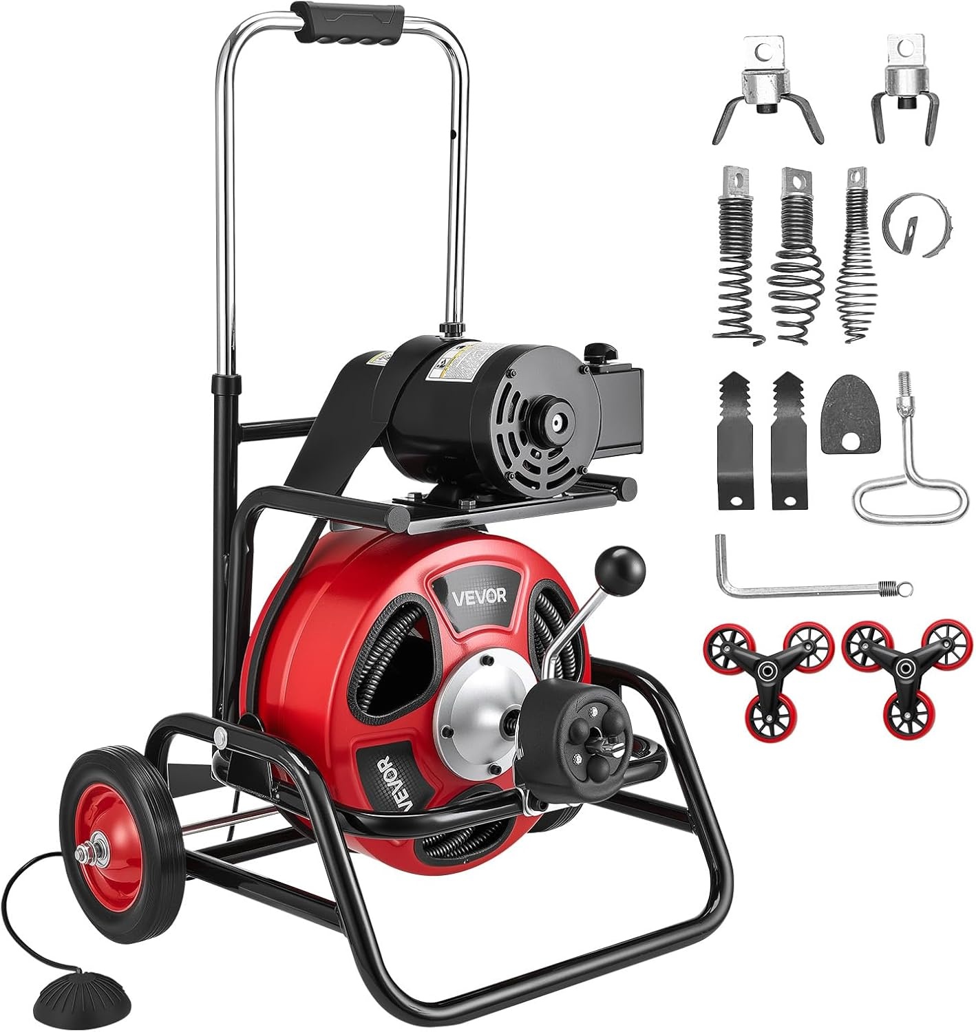 image:imageVEVOR Drain Cleaner Machine 100 FT x 12 Inch Auto Feed Sewer Snake Auger Portable Drain Cleaning Machine with Climbing Wheels Adjustable Drum 8 Cutters amp Foot Switch for 2 to 6 Pipes100 FT x 12
