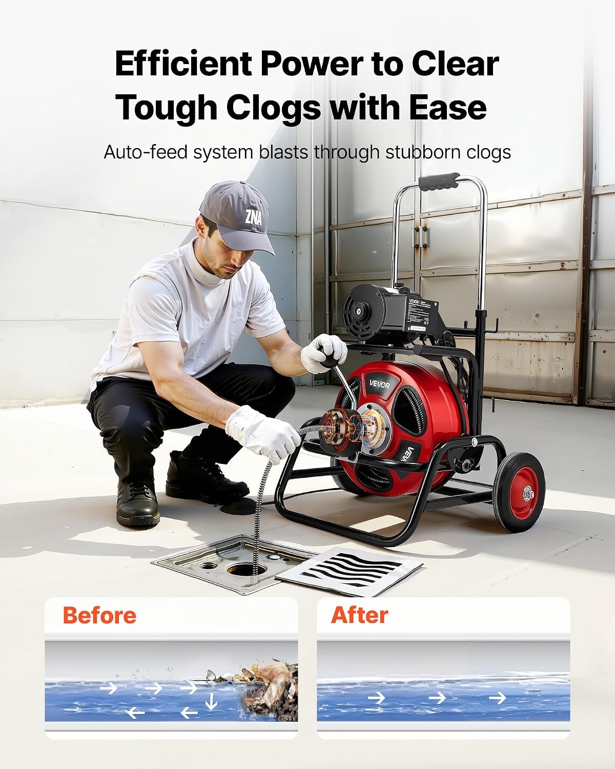 image:imageVEVOR Drain Cleaner Machine 100 FT x 12 Inch Auto Feed Sewer Snake Auger Portable Drain Cleaning Machine with Climbing Wheels Adjustable Drum 8 Cutters amp Foot Switch for 2 to 6 Pipes100 FT x 12