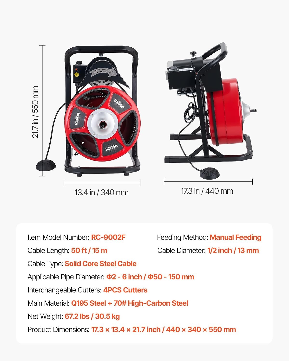 image:imageVEVOR Drain Cleaner Machine 50 FT x 12 Inch Manual Feed Sewer Snake Auger with 4 Cutters amp AirActivated Foot Switch for 2 to 6 Pipes50 FT x 12 Upgraded Version